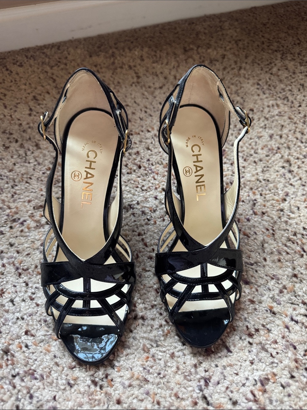 CHANEL Black Patent Leather Caged Slingback Heels with Gold Logo